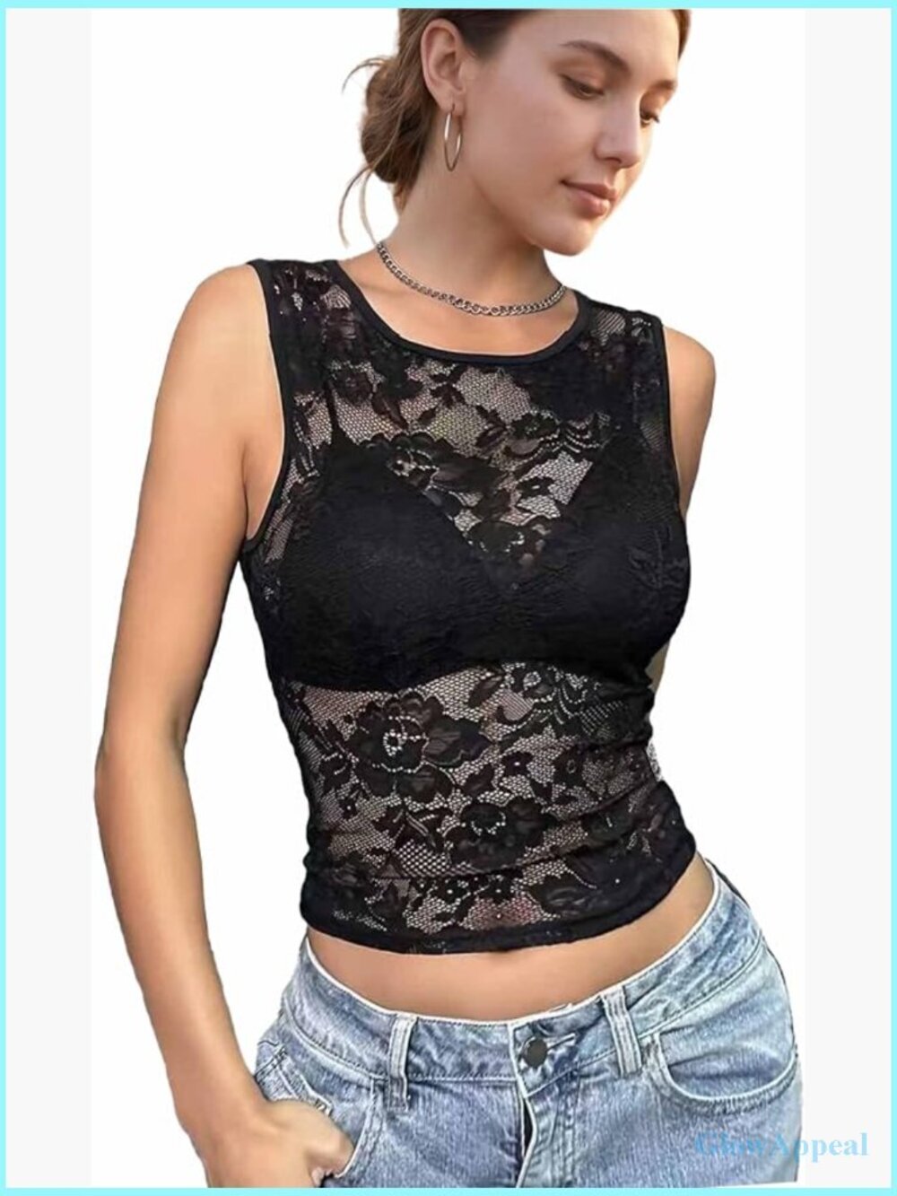 Sheer Lace Crop Tank Top Slim Fit Sleeveless See Through Club Top